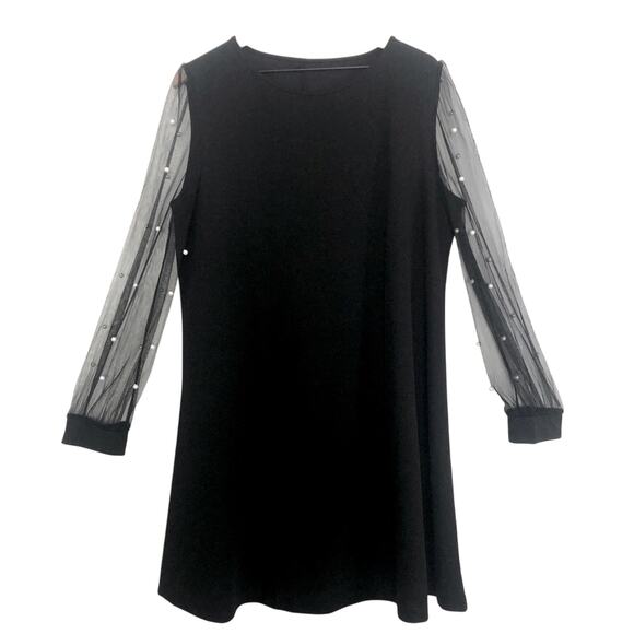 Classy Black Sheer Pearl Beaded Dot Mesh Long Sleeve Round Neck Mini Dress - Picture 1 of 7